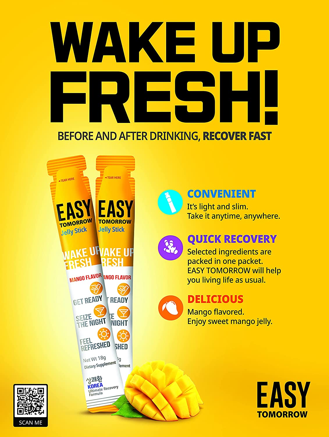 Easy Tomorrow Hangover Relief Stick Yellow Mango Flavour 18g x 10 Stick